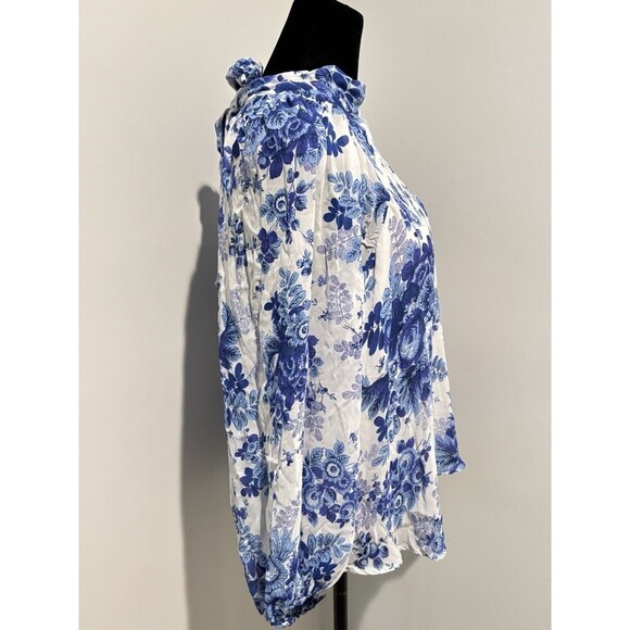 MAEVE Anthropologie Romantic Blue White Floral Sheer Open Tie Back Blouse Top SP - Picture 6 of 9